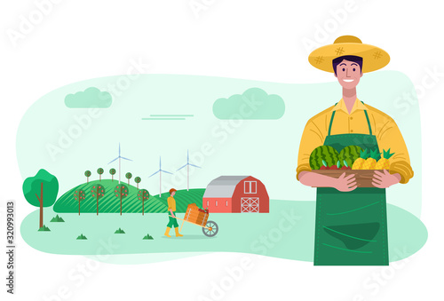 Agricultural concept. A young man holding a crate filled with fresh vegetables with worker using tractor planting in the field. Vector