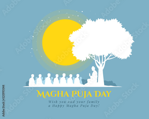 Magha puja day banner with Nightly scenery The Buddha giving a discourse on the full moon day vector design