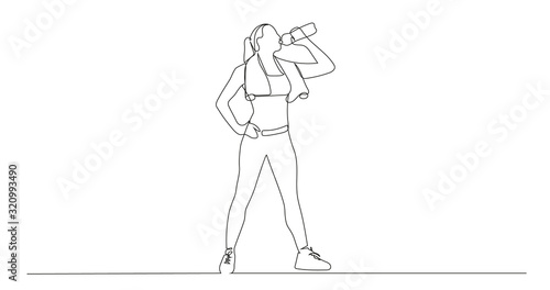 Girl drinks water after training. Continuous line drawing. Vector illustration.