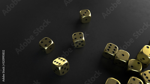 3d render many gold dice with black dots lie on a black plate with the depth of field.