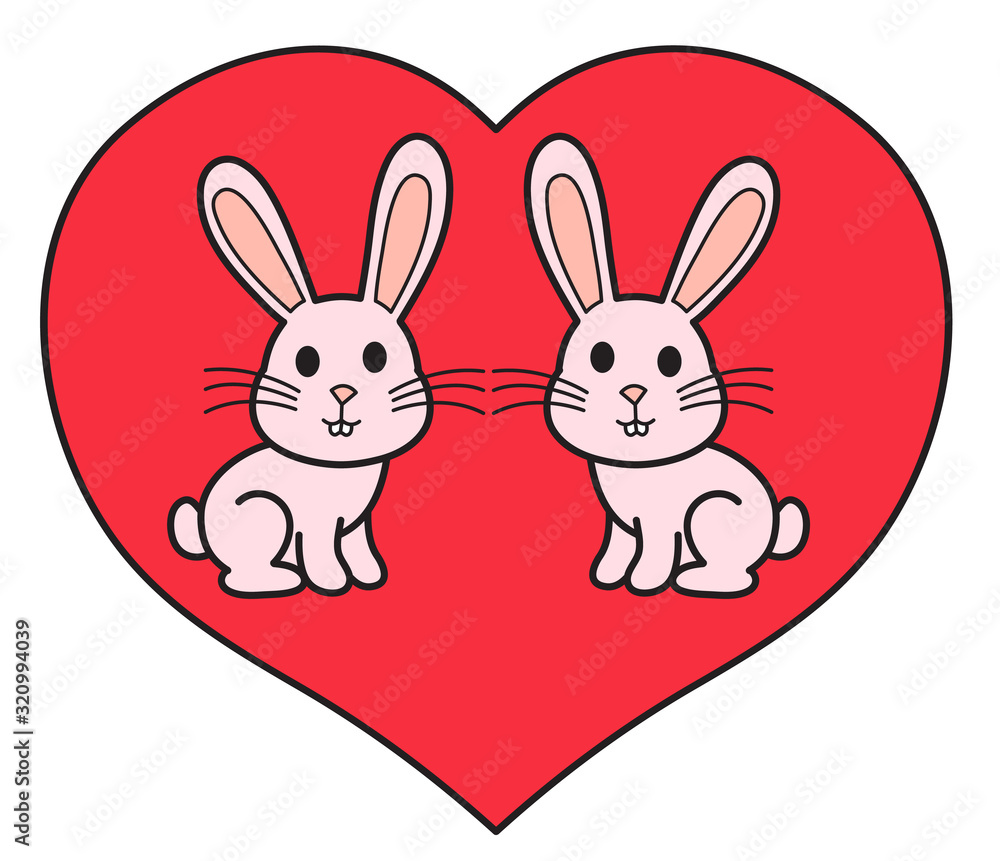 Cute pink bunnies, on a red heart, a symbol of love, Valentine's Day gift, greeting card, printable sticker. Cute pink bunnies, on a red heart, a symbol of love, Valentine's Day gift, greeting card, printable sticker.