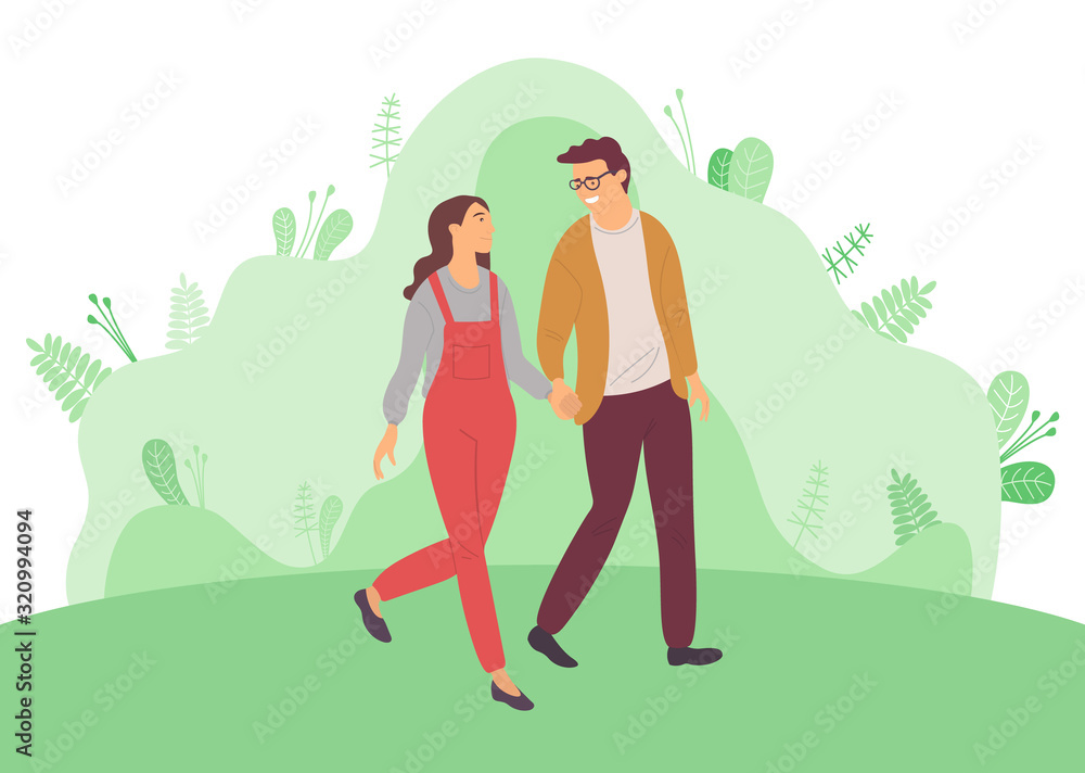 Young family spend time together, attraction and accumulation of capital. Vector smiling man and woman, happy couple on background of green leaves Young family spend time together, attraction and accumulation of capital. Vector smiling man and woman, happy couple on background of green leaves