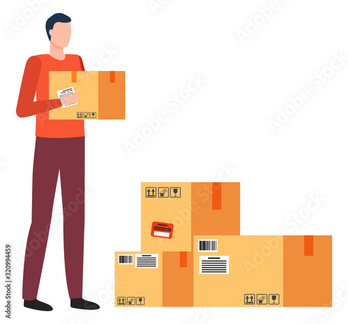 Person work as courier at post office or warehouse. Man carry carton box in hands. Cardboard packages for shipment to recipient location. Transportation and delivering parcels, vector illustration