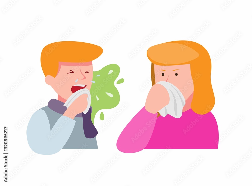 man sick influenza sneeze between girl close their nose, airborne disease on people cartoon flat illustration vector man sick influenza sneeze between girl close their nose, airborne disease on people cartoon flat illustration vector