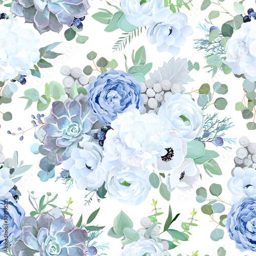 Seamless vector design pattern from dusty blue garden rose, white flowers