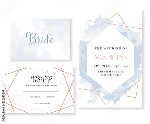 Set of golden line art cards. Winter wedding invitation.