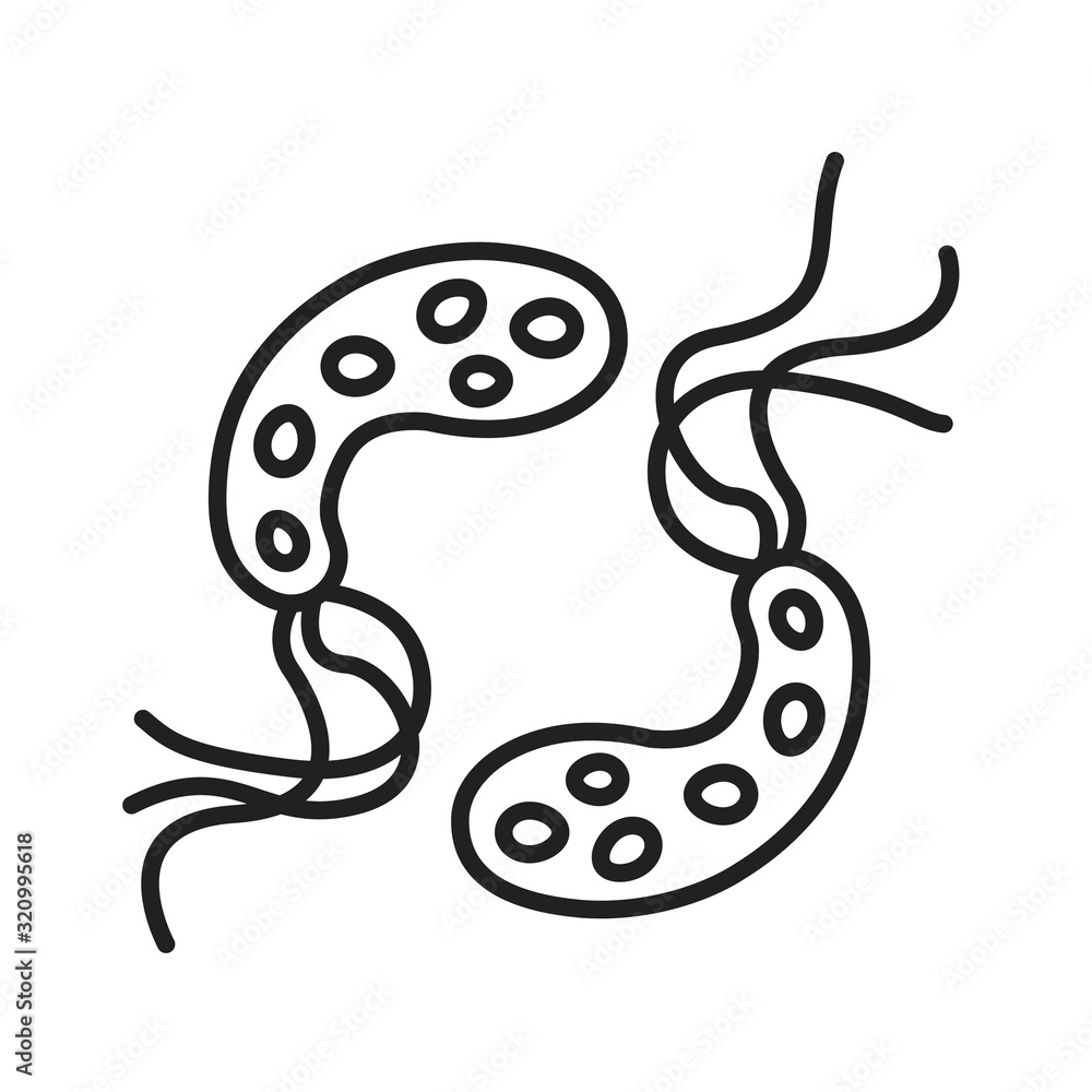 Bacteria cholera black line icon. Waterborne microscopic germ cause diseases concept. Pictogram for web, mobile app, promo. UI UX design element. Editable stroke. - obrazy, fototapety, plakaty 