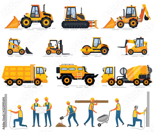 Construction equipment and people working on building vector. Workmen wearing uniforms, tractor and van, bulldozer and cement mixer, engineers with plan. Special machines for building work photo