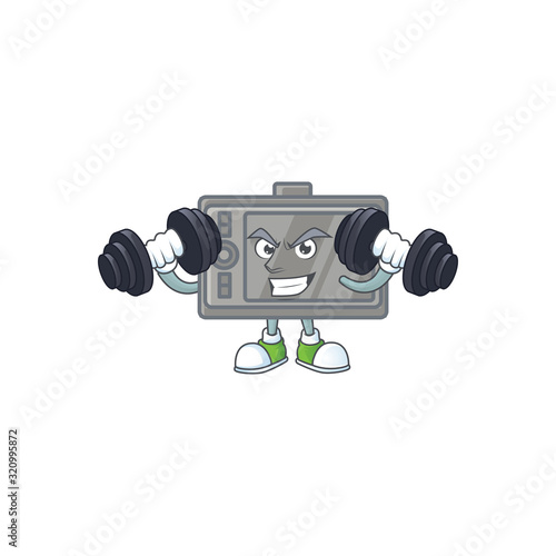 Wacom mascot icon on fitness exercise trying barbells