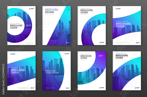 Brochure cover design layout set for business and construction. Abstract geometry with colored cityscape vector illustration on background. Good for annual report, industrial catalog design.