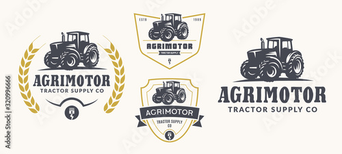 Set of farm logo, emblems, and badges. Simple line tractor illustration for rental, repair business.