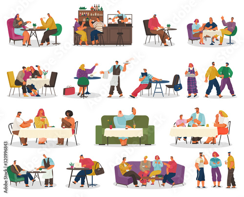 Coffee house or cafe, eating out, customers tables or bar counter vector. Couple on date, business lunch, dinner or coffee break, friends meeting. Waiter taking order and barista in coffehouse