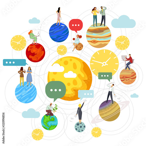 Vector flat illustration big tower jenga with group of young development specialists