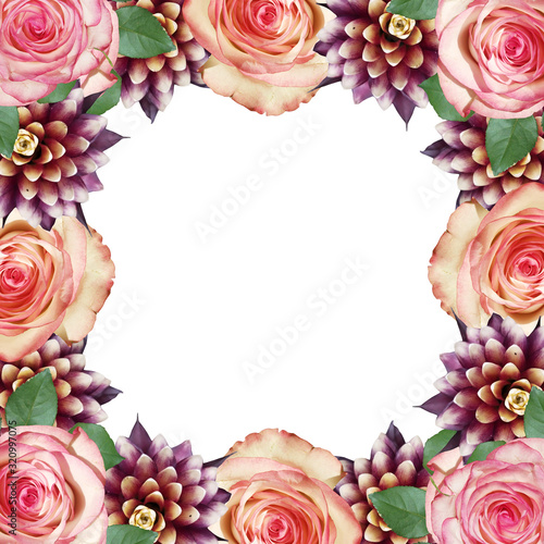 Beautiful floral pattern of guzmania and roses. Isolated