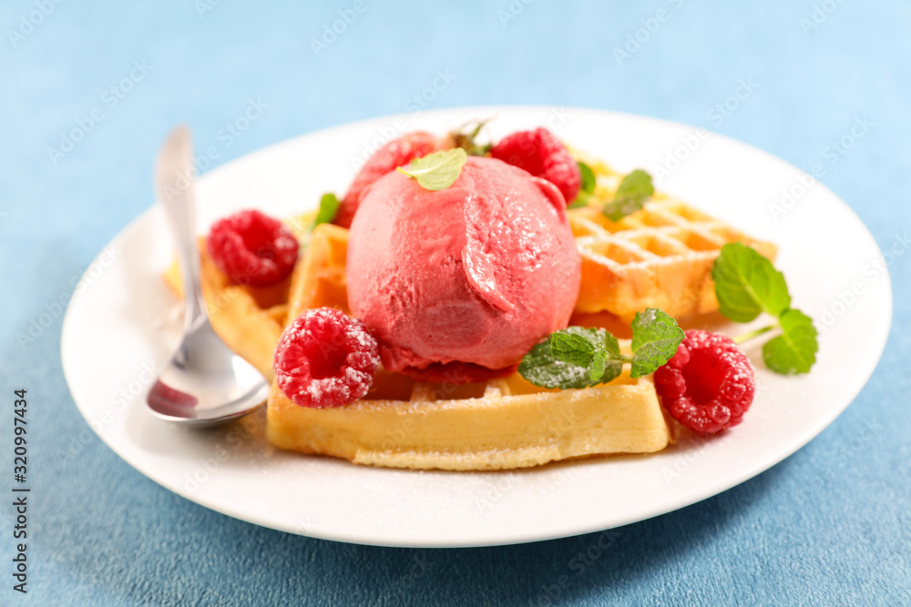 waffle with raspberry and ice cream waffle with raspberry and ice cream