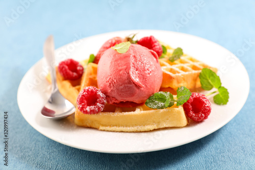 waffle with raspberry and ice cream