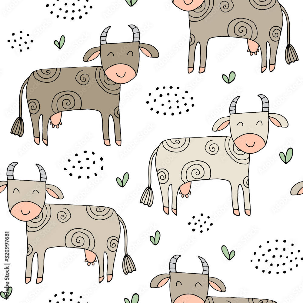 Obraz premium Seamless texture with funny cows and hand drawn elements.
