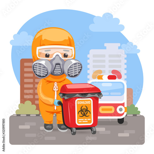 Cartoon medical biohazard worker with a container on the street before an ambulance. Composition with a professional. Flat male character.