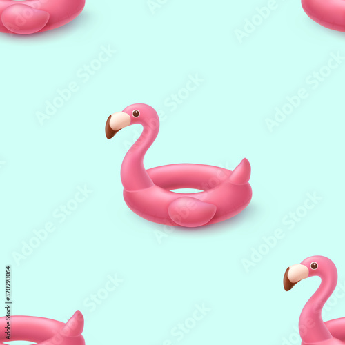 Flamingo seamless pattern. Pink inflatable swimming pool rings on blue background. Vector float summer beach or pool toys template..