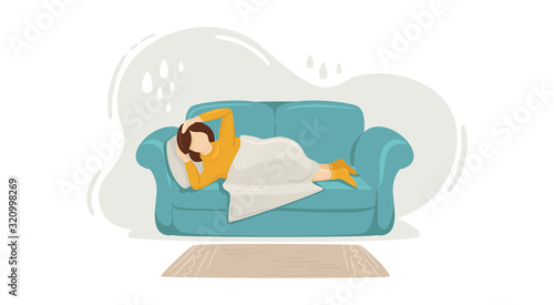 Sick girl feeling bad lying on the couch. Illness weather dependence concept with abstract dark cloud & drops on white background. Woman at home on blue sofa. Vector isolated flat illustration.