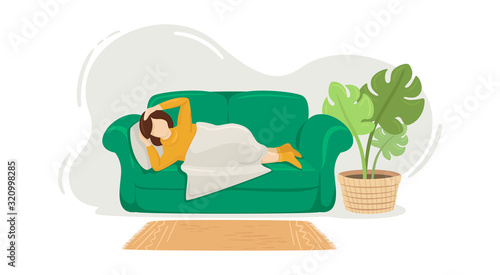 Sick girl feeling bad lying on the couch. Illness concept. Woman at cozy home. Green sofa, flower in a wicker basket & scandinavian carpet. Abstract vector illustration isolated on white background.