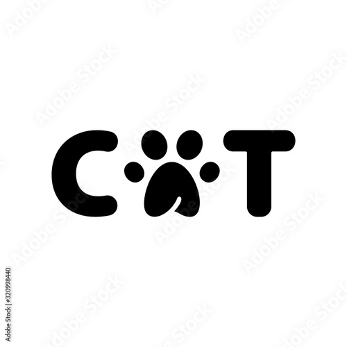 Cutout silhouette Title cat with paw print instead of letter a. Outline wordmark text logo. Flat isolated vector illustration on white background. Lettering for veterinary clinic, pet shop, products