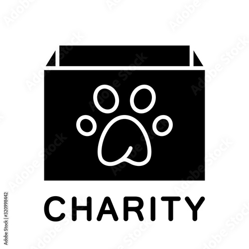 Cutout silhouette charity icon. Rectangular box with paw print. Help animals, pets, wildlife concept. Outline logo or poster. Black simple illustration. Flat isolated vector image on white background photo