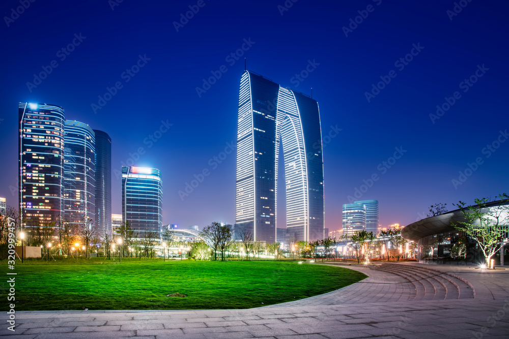 Night view of architectural landscape in Suzhou Financial District..