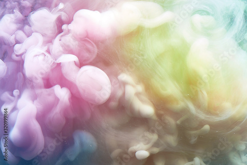 Naklejka Swirling colorful smoke, sky clouds of pastel colors, meditative relaxing esoteric vibrant backdrop. Rainbow iridescent fog background