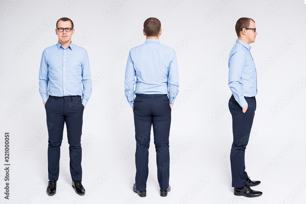 Φωτογραφία front, back and side view of businessman over gray background