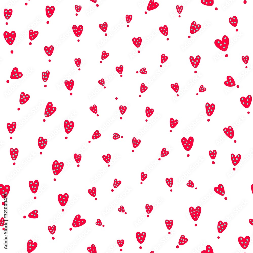 Bright seamless pattern of red hearts with blue polka dots on a white background. Cute romantic pattern for your holiday design.