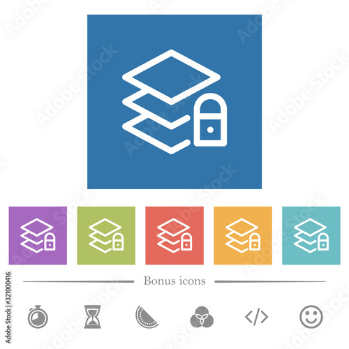 Locked layers flat white icons in square backgrounds