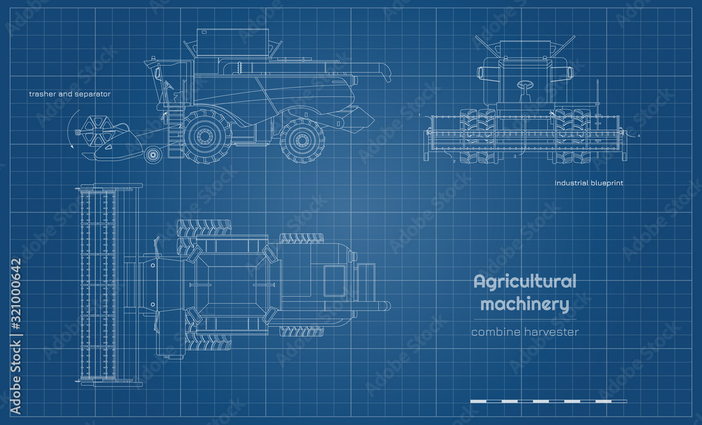 Outline blueprint of combine harvester. Side, front and top view of agriculture machinery. Farming vehicle. Industrial drawing. Indurtry document