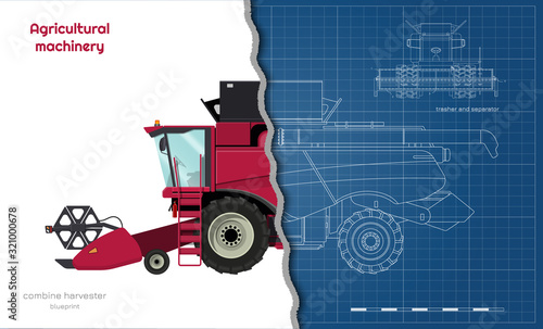 Outline blueprint of combine harvester. Side view of agriculture machinery. Farming vehicle on white background. Industrial 3d drawing. Industry document