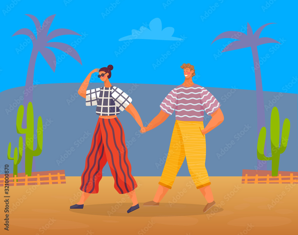 People holding hands and wearing summer clothes walking in exotic area. Tourists strolling on weekends in mexico. Cactus and palm tree of hot country. Couple on vacations, vector in flat style