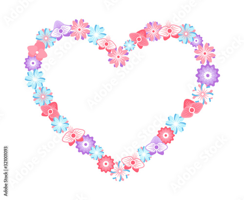 Framed heart vector, flowers making up shape symbolizing love and happiness, floral decoration of holiday, design artistic touch banner with empty space