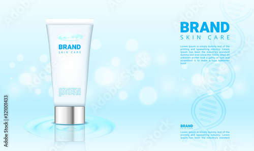 Blue water and bokeh background for cosmetics product with 3d packaging vector illustration