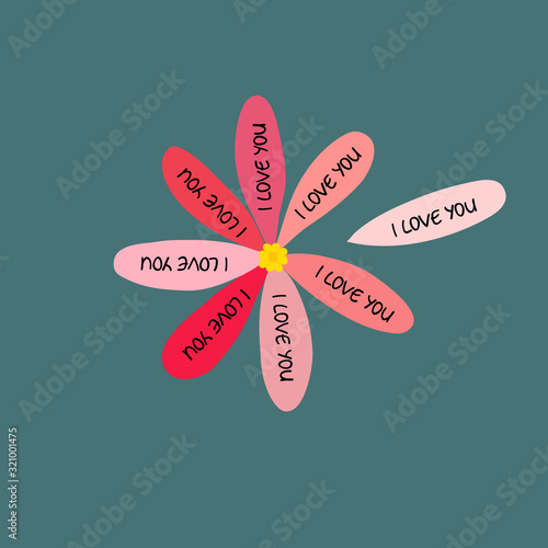 Hand drawn doodle vector Valentine greeting card with multicolored red pink daisy I love you lettering on petals turquoise background. Playing love me not guessing game game 
