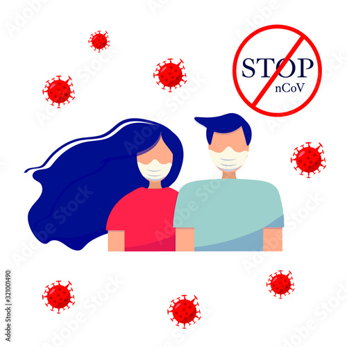 Stop coronavirus in China. Novel coronavirus 2019 nCoV, handsome woman and man with blue hair with medical face mask. Vector stock illustration