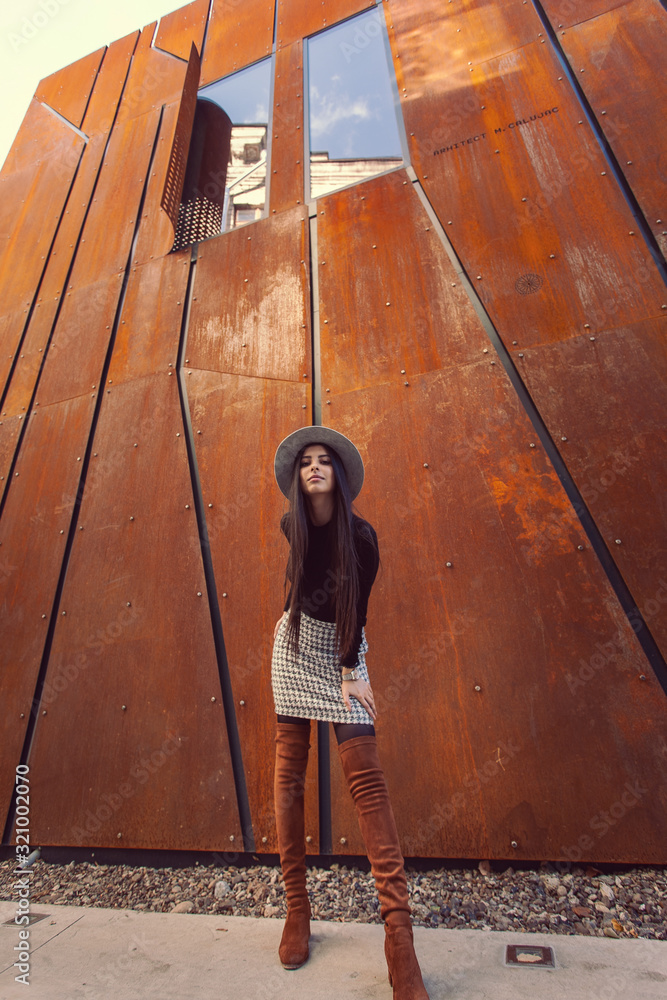 Beautiful girl model posing against the background of the modern building