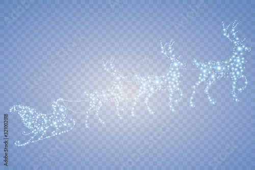 White dust star traces of sparkling particles in the form of a deer and and santa claus, sleigh isolated on a transparent background. Magic concept. Christmas. New Year.