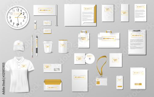 Corporate identity template design. Realistic Business Stationery mockup for shop. Stationery and uniform, paper pack, package for your brand. Vector illustration