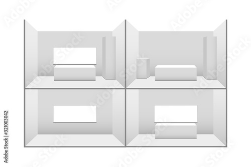Set of 3D exhibition stands. White blank advertising stand with a desk. Vector white blank geometric square. Conference room presentation. Blank template