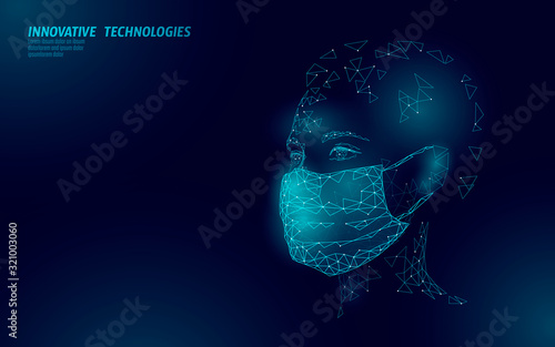 Woman face mask. Infection pneumonia prevention healthcare. 3D low poly female human blue glowing banner. Wear surgical medical mask against virus epidemic vector illustration