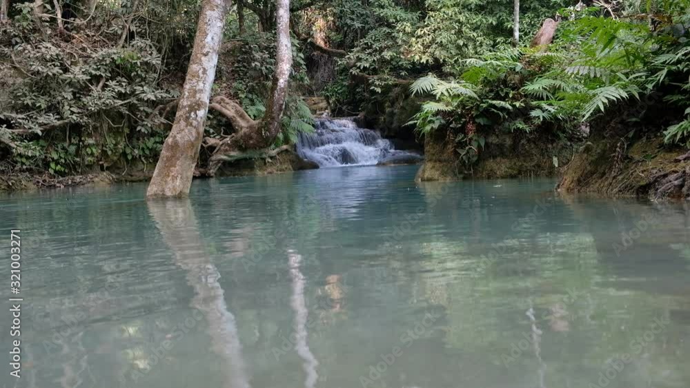 The riverbank is covered with jungle and the water flows through the brown rocks. The riverbank is covered with jungle and the water flows through the brown rocks.