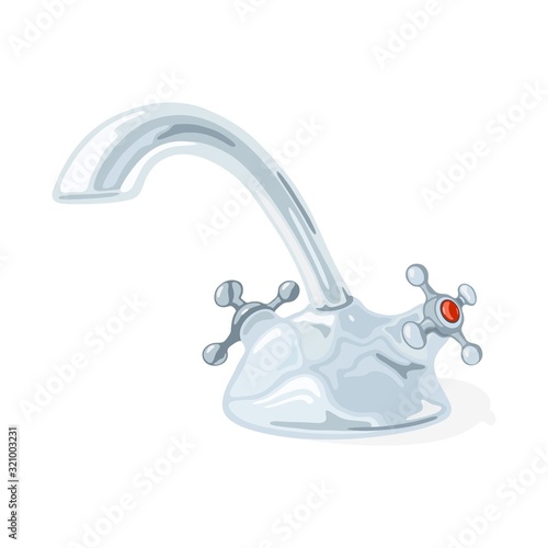 Stainless metal hot and cold water tap, faucet for sink, bath, lavatory, washbasin. Bathroom, washroom, kitchen interior element. Vector cartoon illustration isolated on white background.