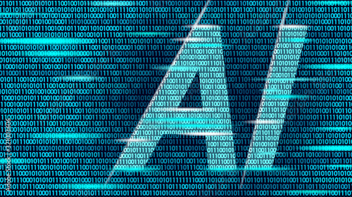 AI artificial intelligence letters on code data flow. Virtual assistant app geometric symbol support service technology. Binary number chatbot logo information line vector illustration