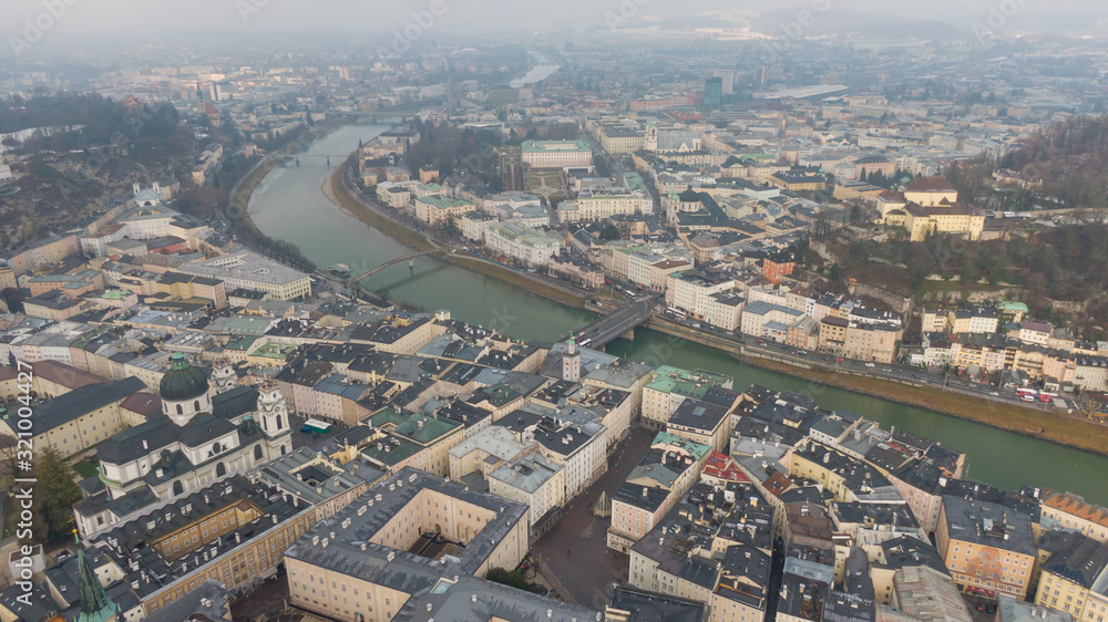 Aerial view of Salzburg old town and Hohensalzburg Fortress. View on City and river from above 