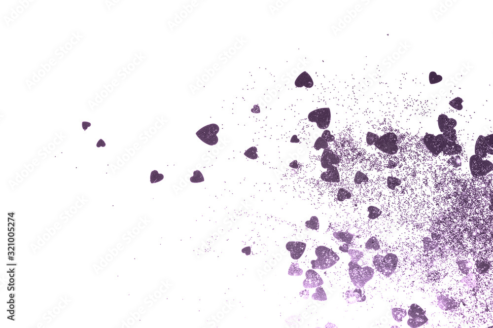 Purple glitter hearts on white background for your design