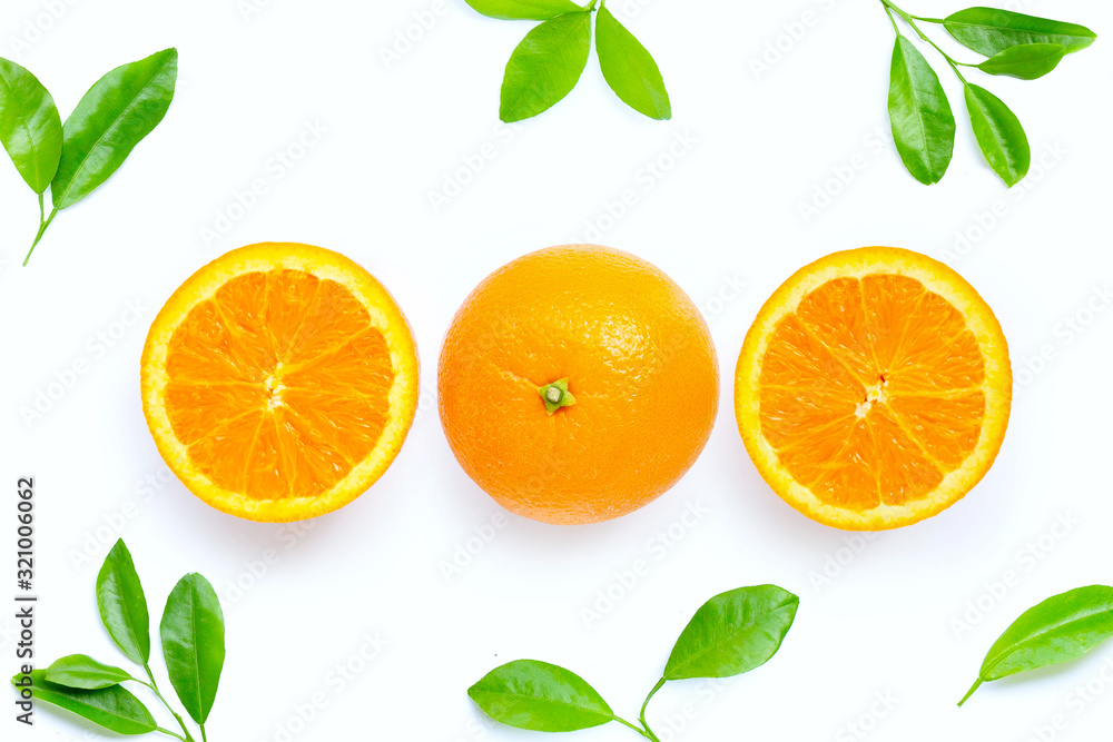 High vitamin C, Juicy orange fruit with leaves on white background.